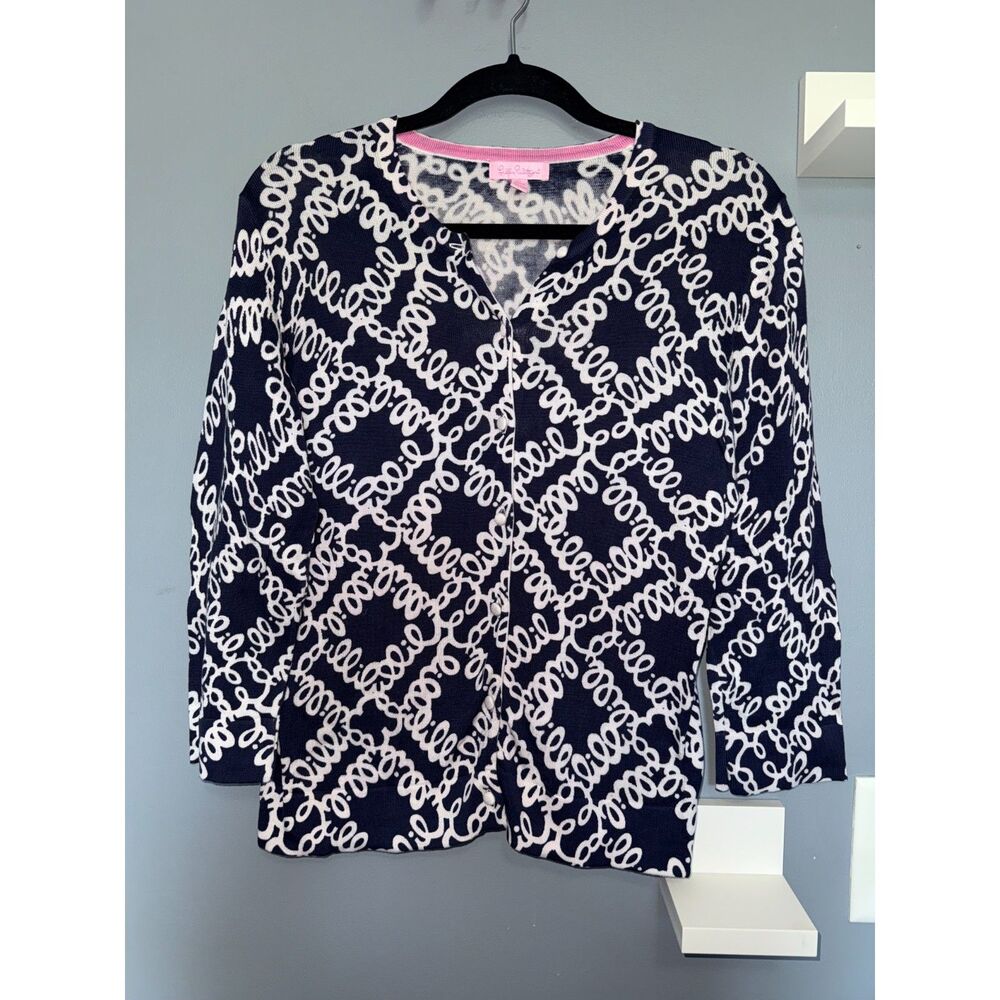 Lilly Pulitzer Lilly Script Button Down 3/4 Sleeve Cotton Cardigan | Size Medium